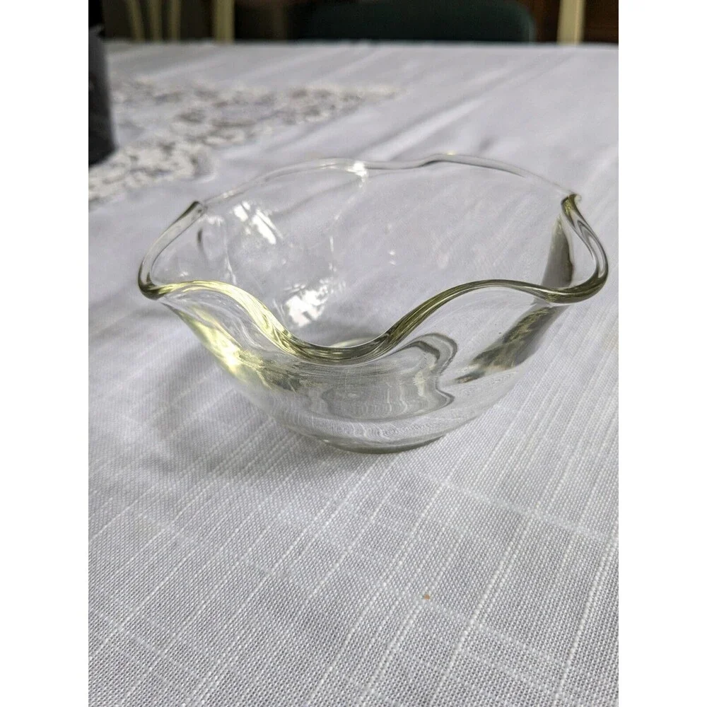 Vintage Clear Glass Dip/Dessert Bowl Yellow Tint Scalloped Edges MCM 5.25 inch